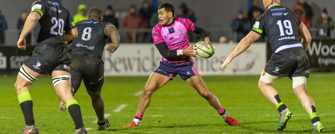 Connor Tupai of Northampton Saints in action for Bedford Blues