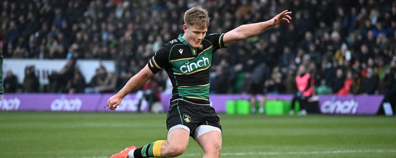 Fin Smith scores a conversion for Northampton Saints against Newcastle Falcons.