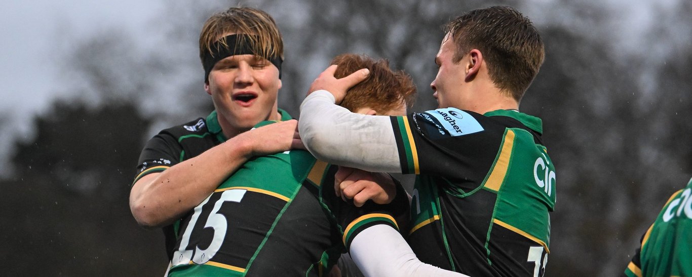 Northampton Saints celebrate scoring a try