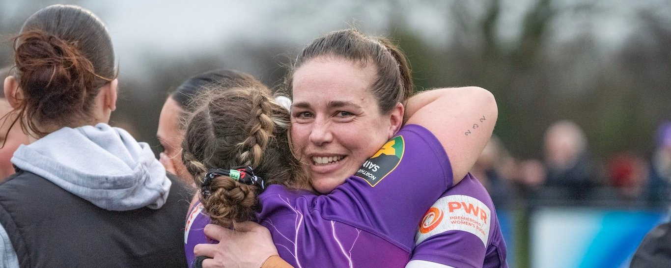 Loughborough Lightning celebrate their victory over Bristol Bears. Emily Scarratt and Elis Martin.