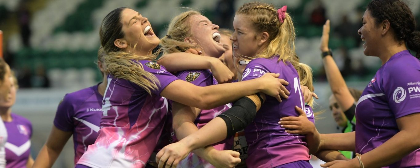 Loughborough Lightning celebrate Daisy Hibbert-Jones' try against Saracens