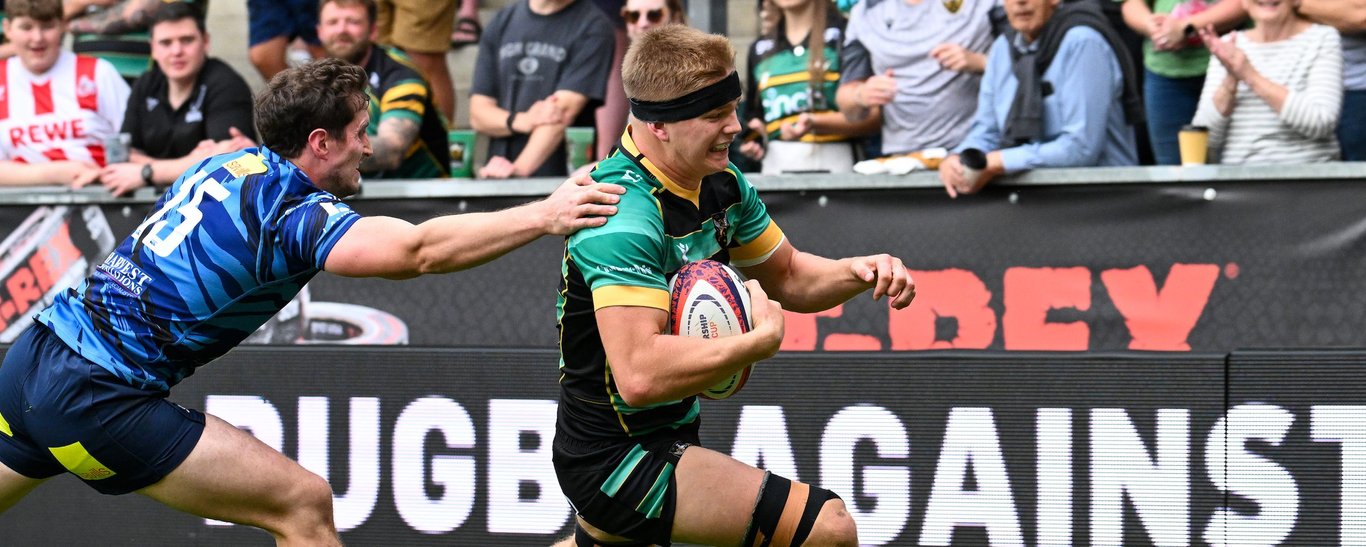 Henry Pollock scores a try for Northampton Saints.