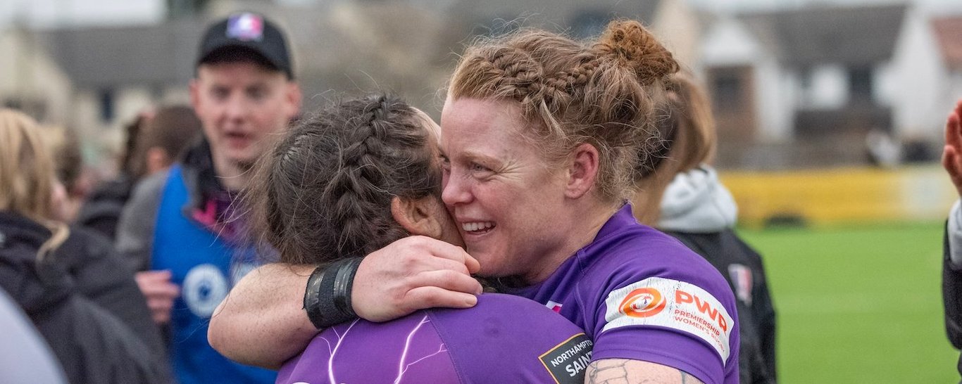 Loughborough Lightning celebrate their victory over Bristol Bears. Alev Kelter and Kathryn Treder.