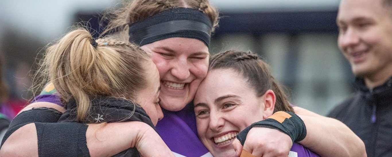 Loughborough Lightning celebrate their victory over Bristol Bears. Abby Duguid, Meg Davey and Fran Goldthorp.