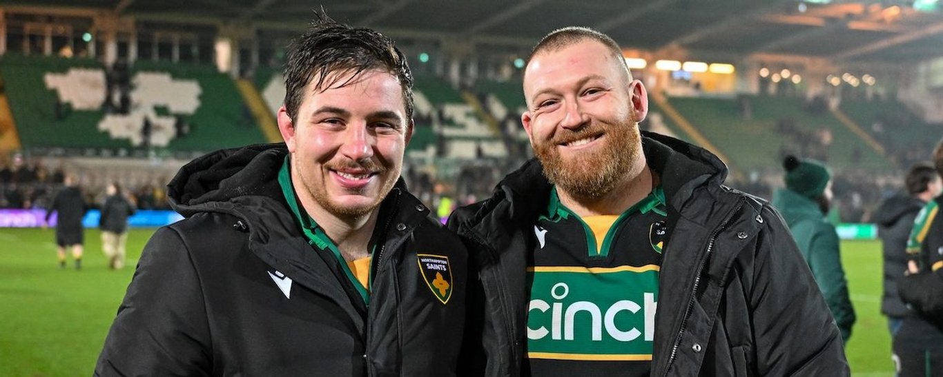Henry Walker after his Northampton Saints debut against Newcastle Falcons, with Tom West.
