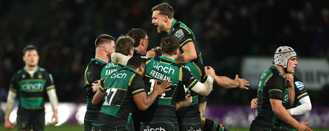 Northampton Saints celebrate a bonus-point win over Bath Rugby.