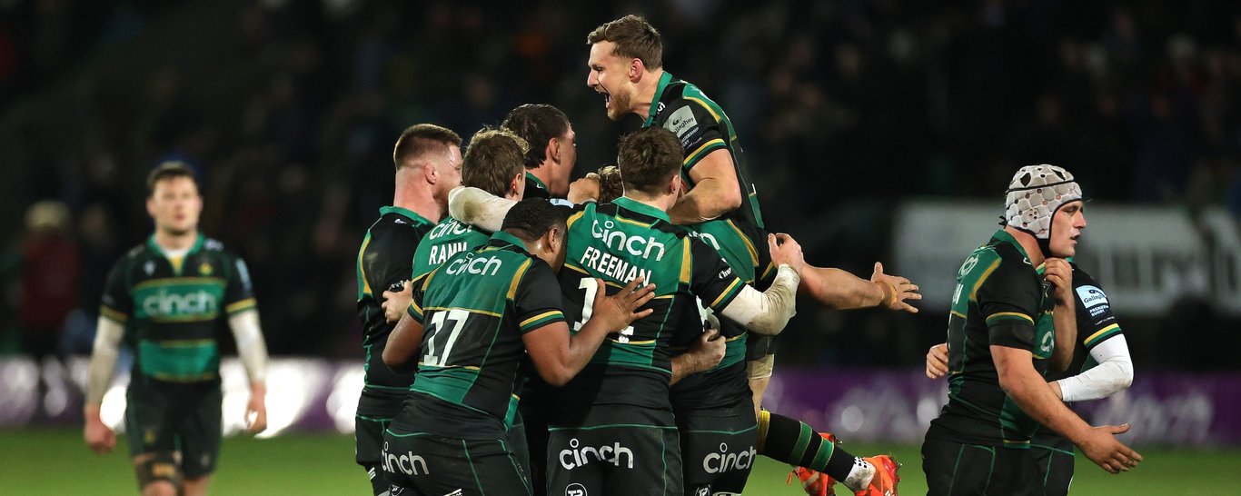 Northampton Saints celebrate a bonus-point win over Bath Rugby.