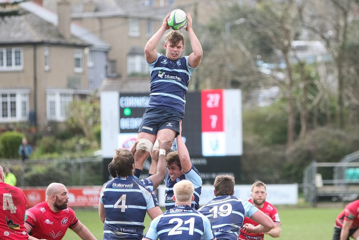 Saints' Ollie Newman claims the lineout ball for Bedford Blues.