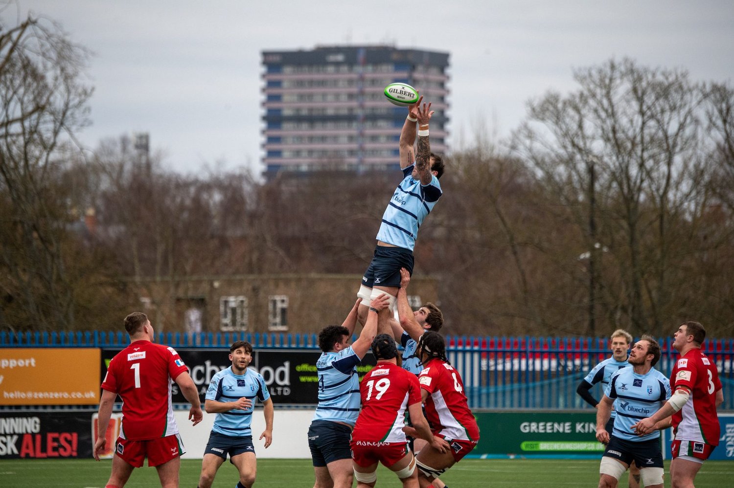 Northampton Saints' Lewis Bean rises in the lineout for Bedford Blues