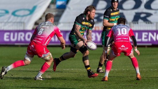 Teimana Harrison in action for Northampton Saints against Dragons