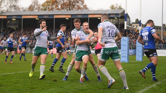 Rory Hutchinson celebrates a try for Saints at The Rec