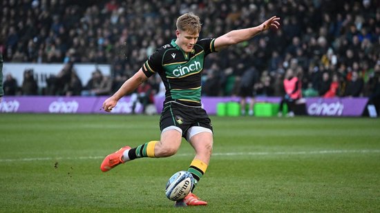 Fin Smith scores a conversion for Northampton Saints against Newcastle Falcons.