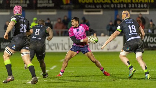 Connor Tupai of Northampton Saints in action for Bedford Blues