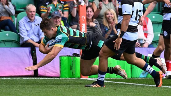 Toby Thame of Northampton Saints plays against Barbarian F.C.