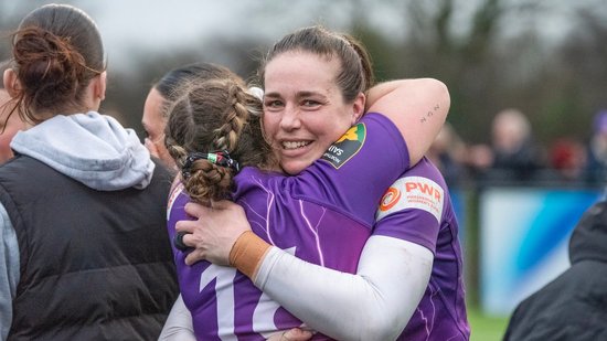 Loughborough Lightning celebrate their victory over Bristol Bears. Emily Scarratt and Elis Martin.