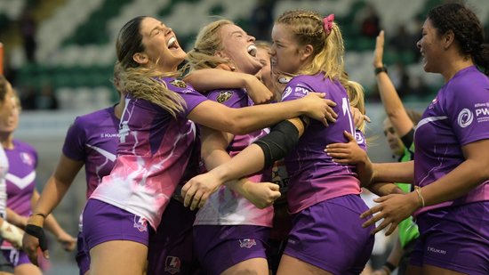 Loughborough Lightning celebrate Daisy Hibbert-Jones' try against Saracens