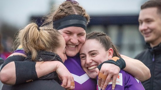 Loughborough Lightning celebrate their victory over Bristol Bears. Abby Duguid, Meg Davey and Fran Goldthorp.