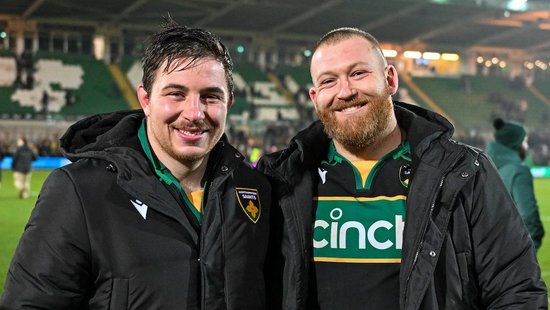 Henry Walker after his Northampton Saints debut against Newcastle Falcons, with Tom West.