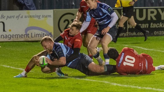 Northampton's James Fish scores a try for Bedford Blues