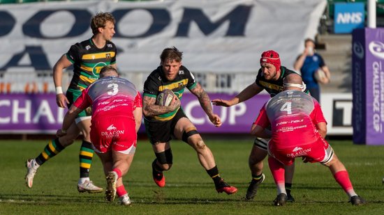 Teimana Harrison in action for Northampton Saints against Dragons