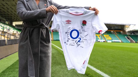 Bid now to be in with a chance of winning a signed Red Roses shirt.