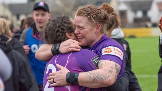 Loughborough Lightning celebrate their victory over Bristol Bears. Alev Kelter and Kathryn Treder.